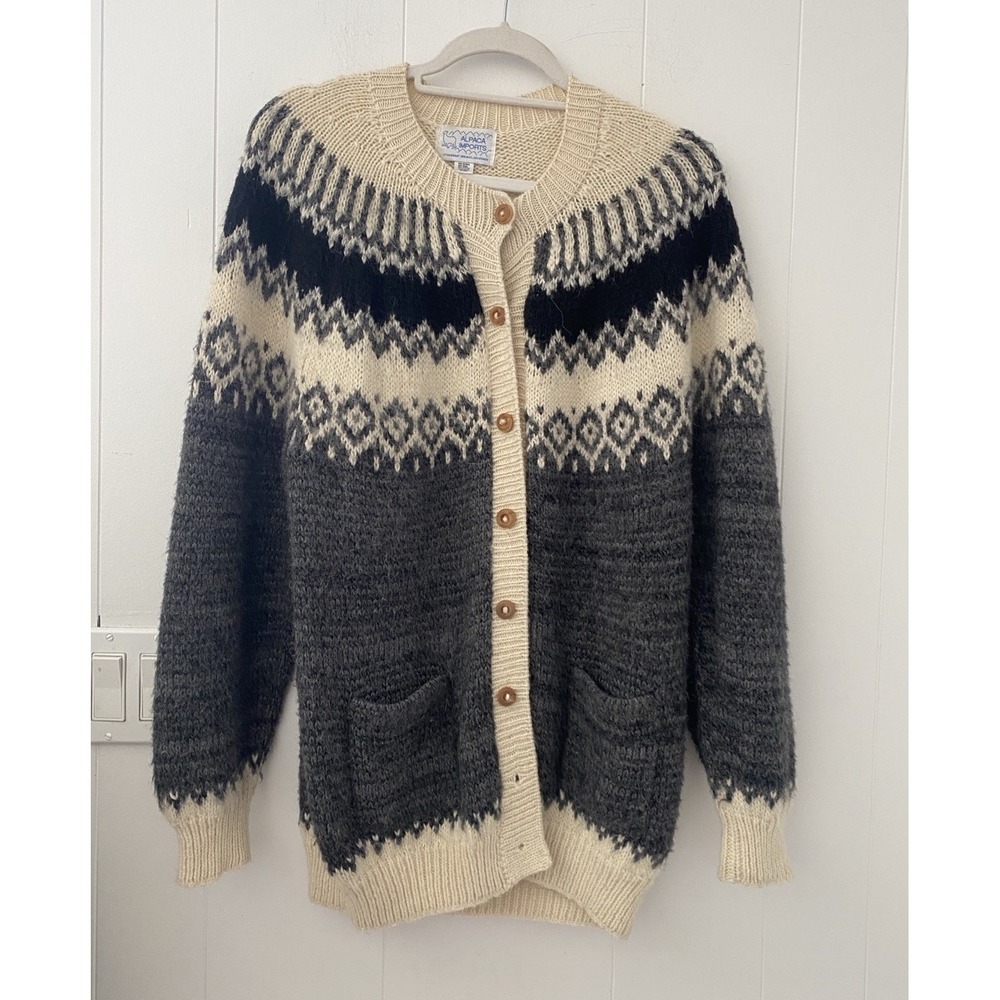 Alpaca‎ Imports Fair Isle Cardigan Wool Sweater Hand Knit Peru Chunky Gray L